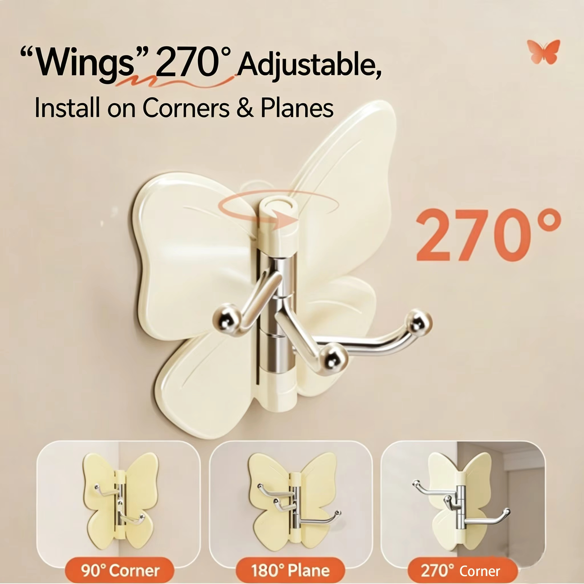 Butterfly Rotating Wall Hook – Punch-Free 3-Hook Organizer