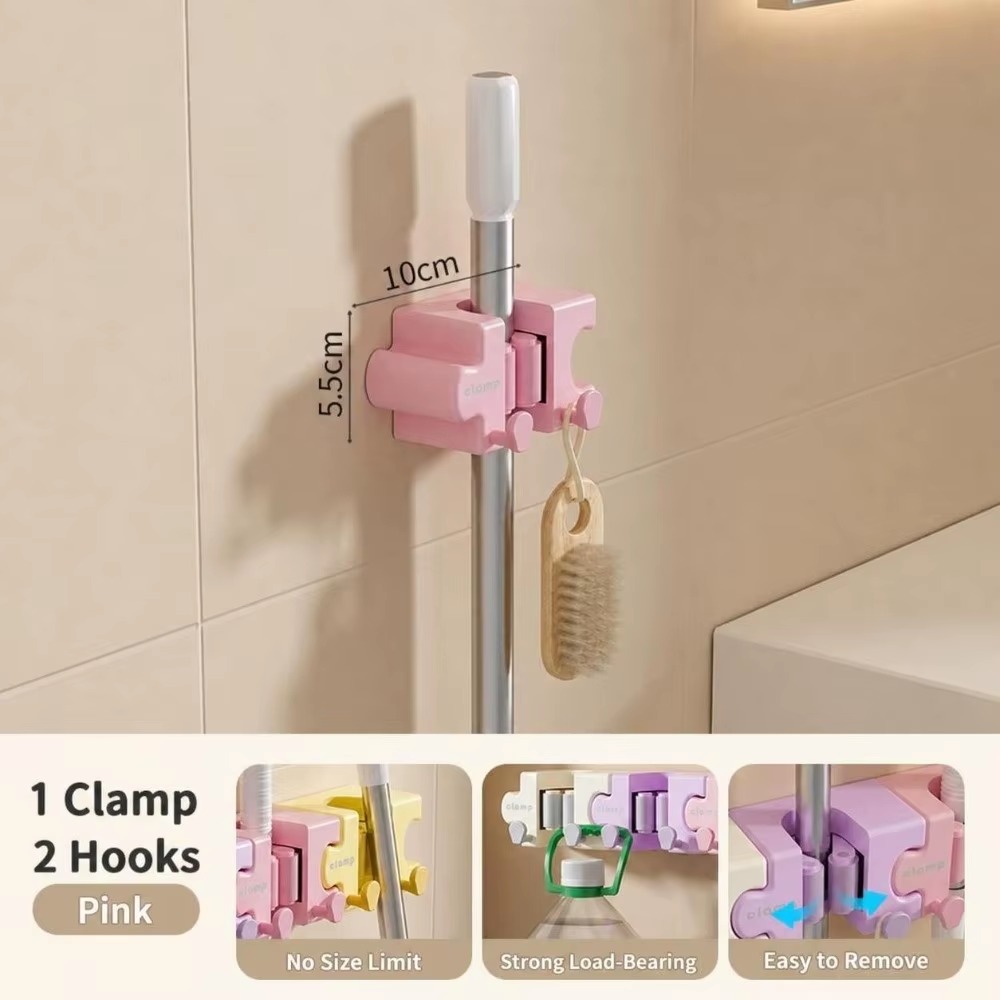Macaron Puzzle Mop Holder with Hooks – Self-Adhesive Wall-Mounted Organizer