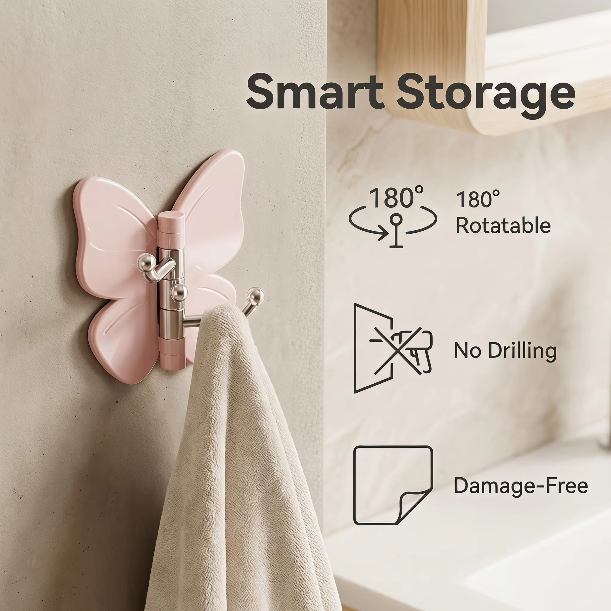 Butterfly Rotating Wall Hook – Punch-Free 3-Hook Organizer