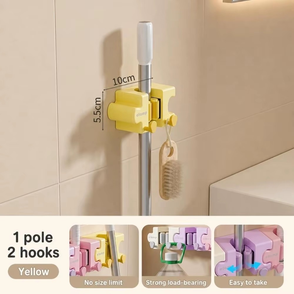 Macaron Puzzle Mop Holder with Hooks – Self-Adhesive Wall-Mounted Organizer