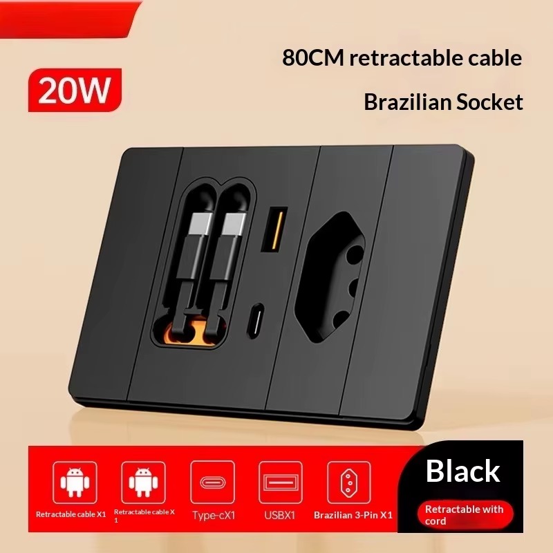 20W Retractable Cable Wall Socket – USB-C Fast Charging Power Outlet for Brazil