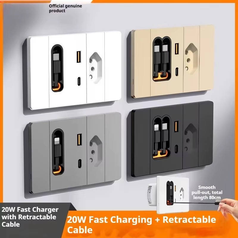 20W Retractable Cable Wall Socket – USB-C Fast Charging Power Outlet for Brazil