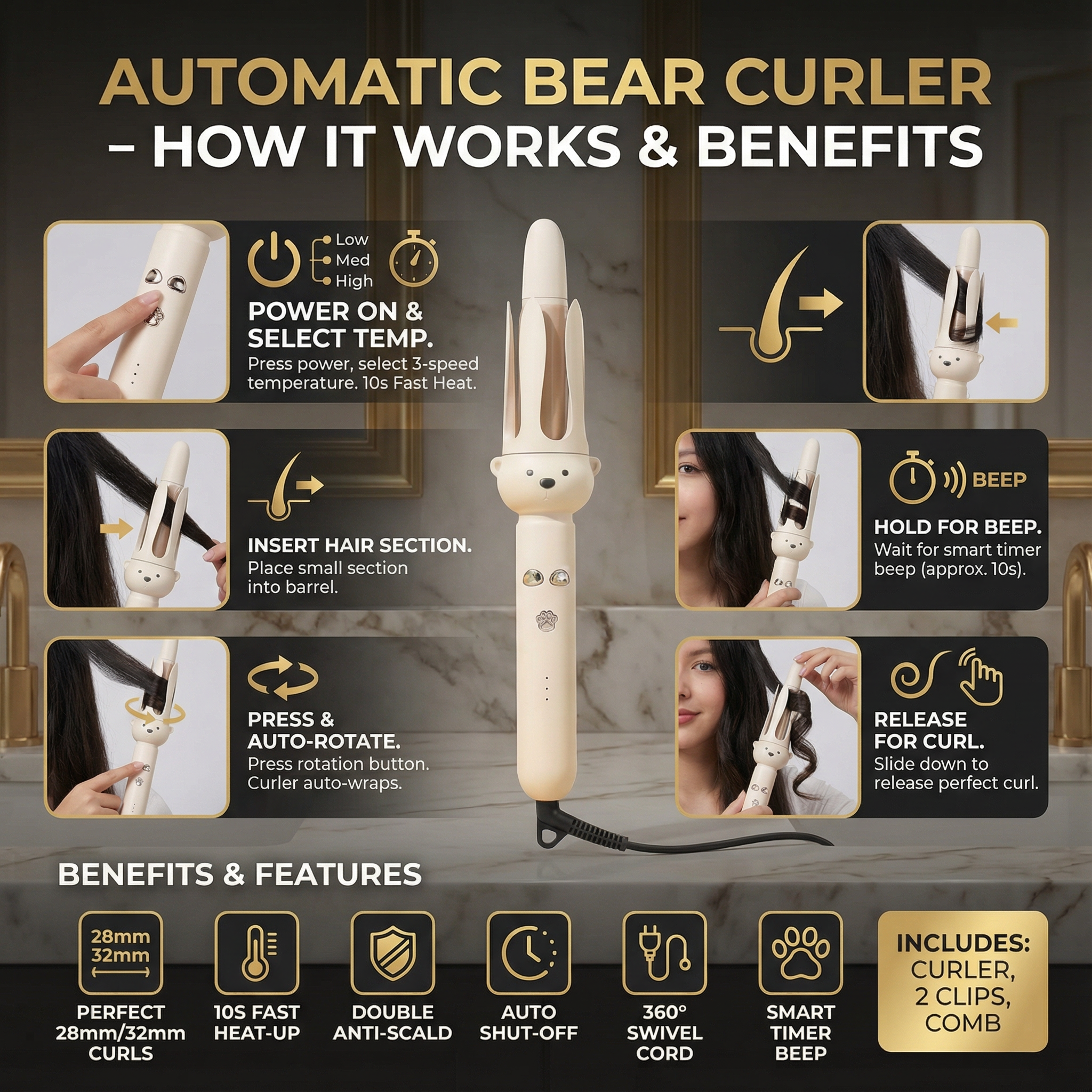 Automatic Bear-Design Curling Iron 32 mm – Electric Rotating Curling Styler