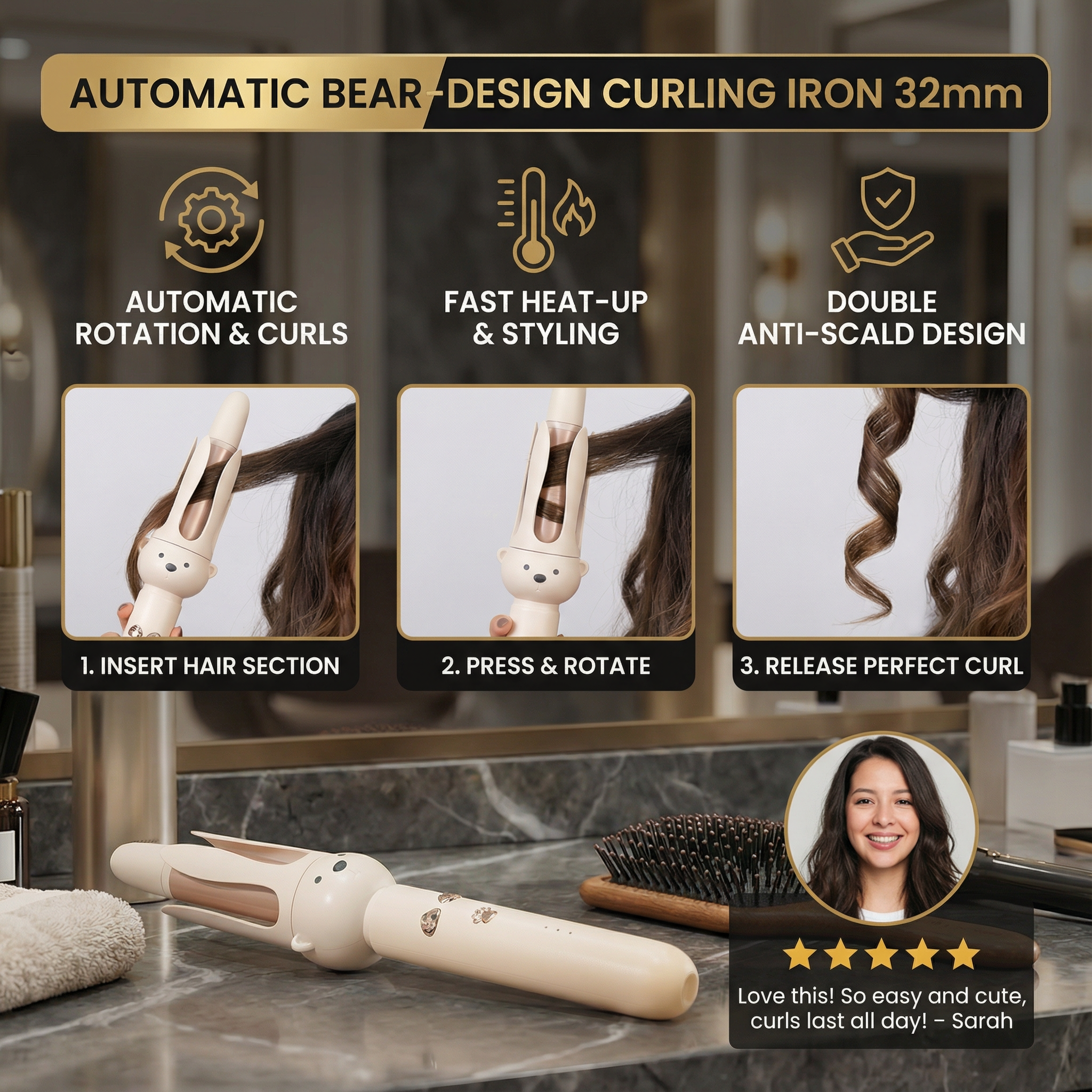Automatic Bear-Design Curling Iron 32 mm – Electric Rotating Curling Styler
