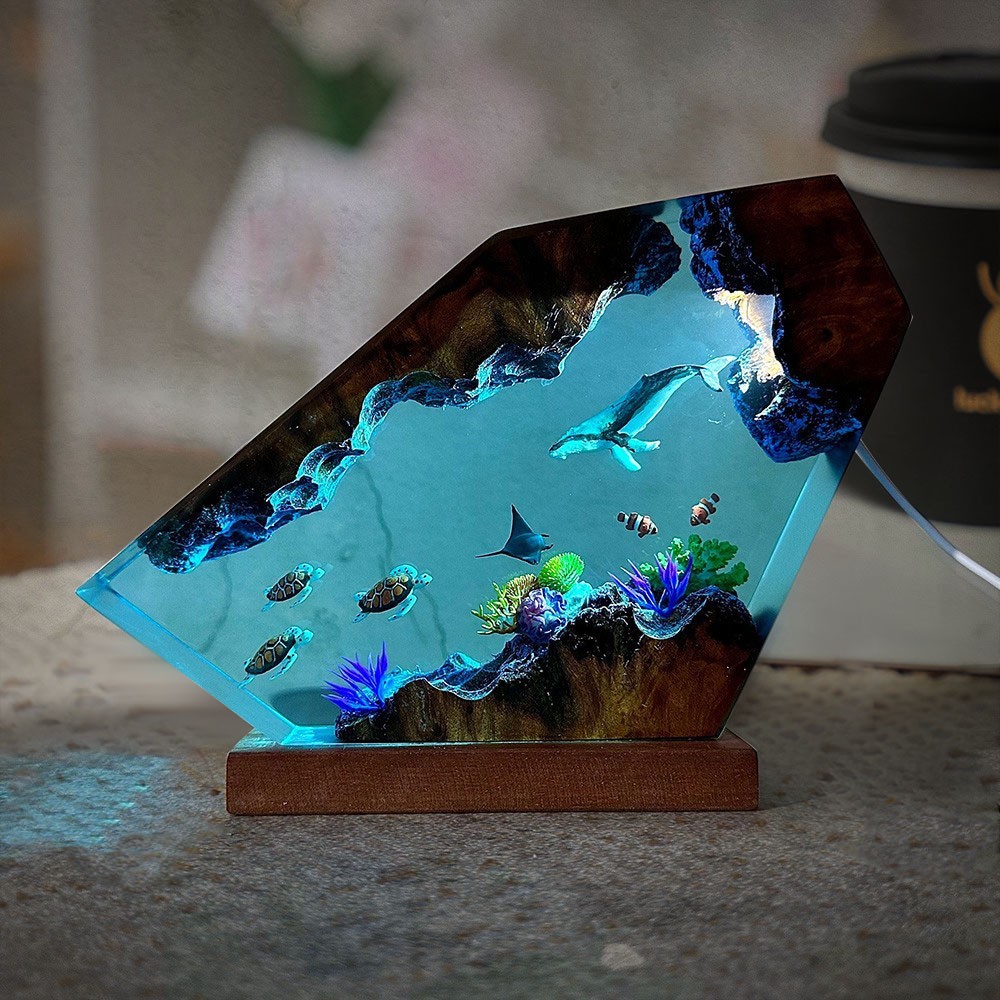 Giant Humpback Whale and Turtles Resin Wood Lamp Unique Gift Home Decor