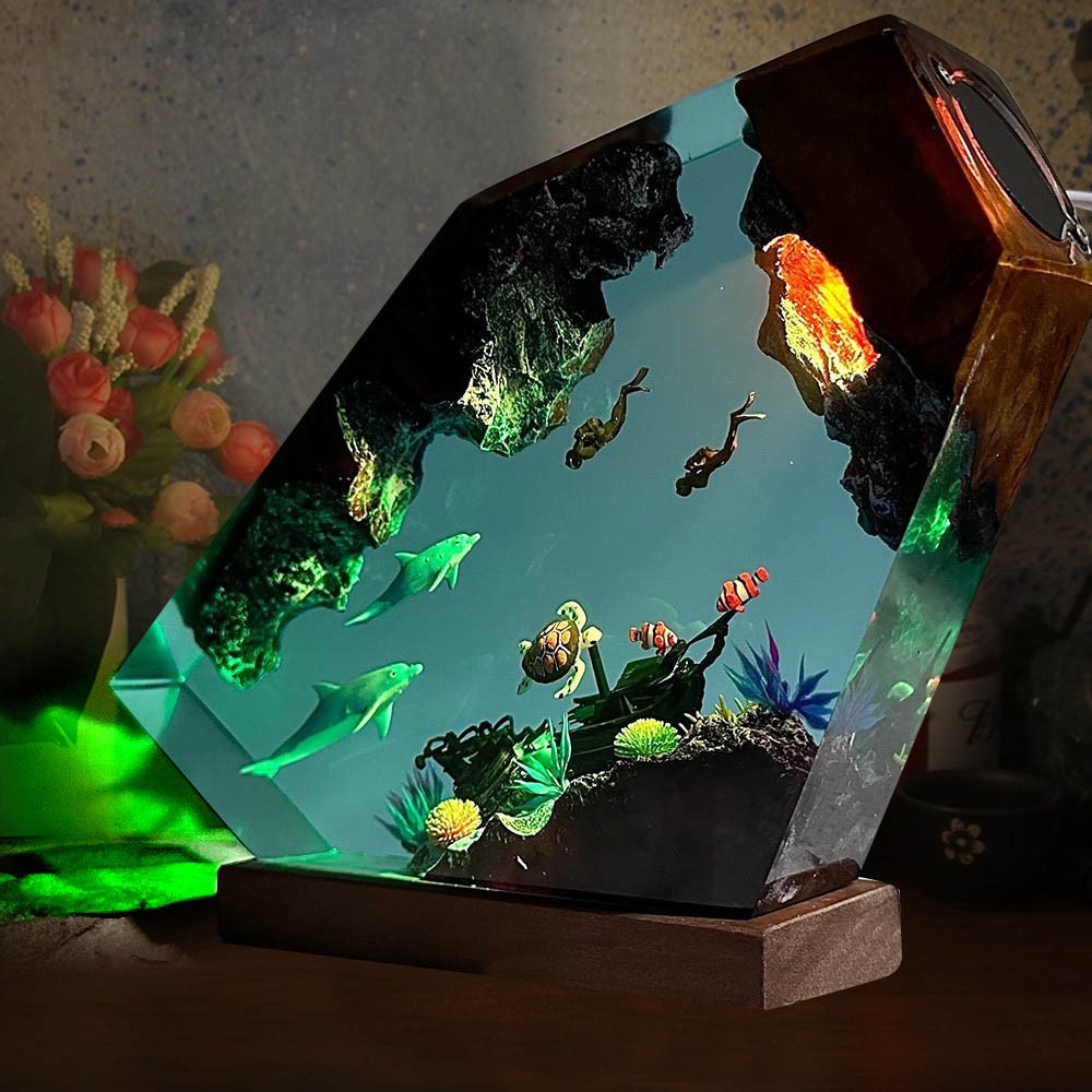 Dolphin and Turtle Couple Divers Resin Wood Lamp Unique Gift Home Decor