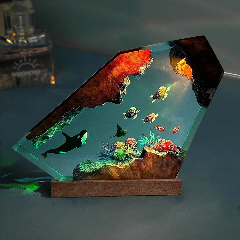 Deep Sea Wonders Resin and Wood Lamp Featuring Orcas and Turtles as a Unique Gift