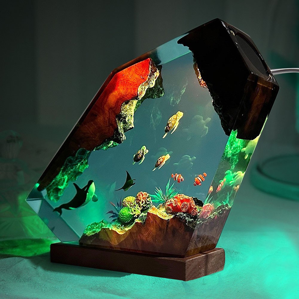 Deep Sea Wonders Resin and Wood Lamp Featuring Orcas and Turtles as a Unique Gift