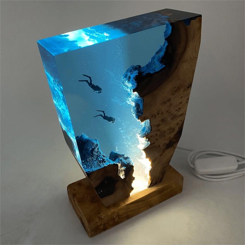Art Resin Lamp Night Light Scuba Couple Diver Unique Gift Home Decor