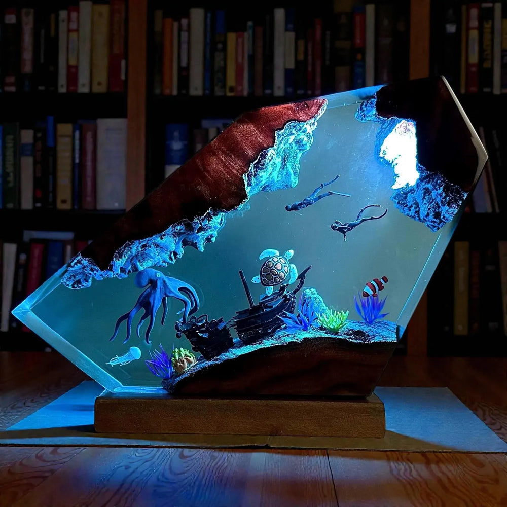 Octopus and Divers Resin Night Light Epoxy Wood Lamp Unique Gift Home Decor