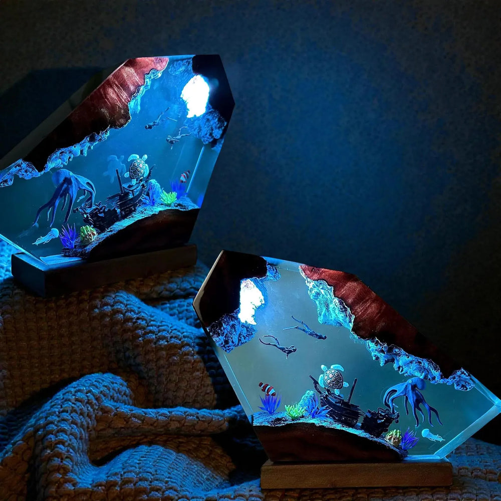 Octopus and Divers Resin Night Light Epoxy Wood Lamp Unique Gift Home Decor