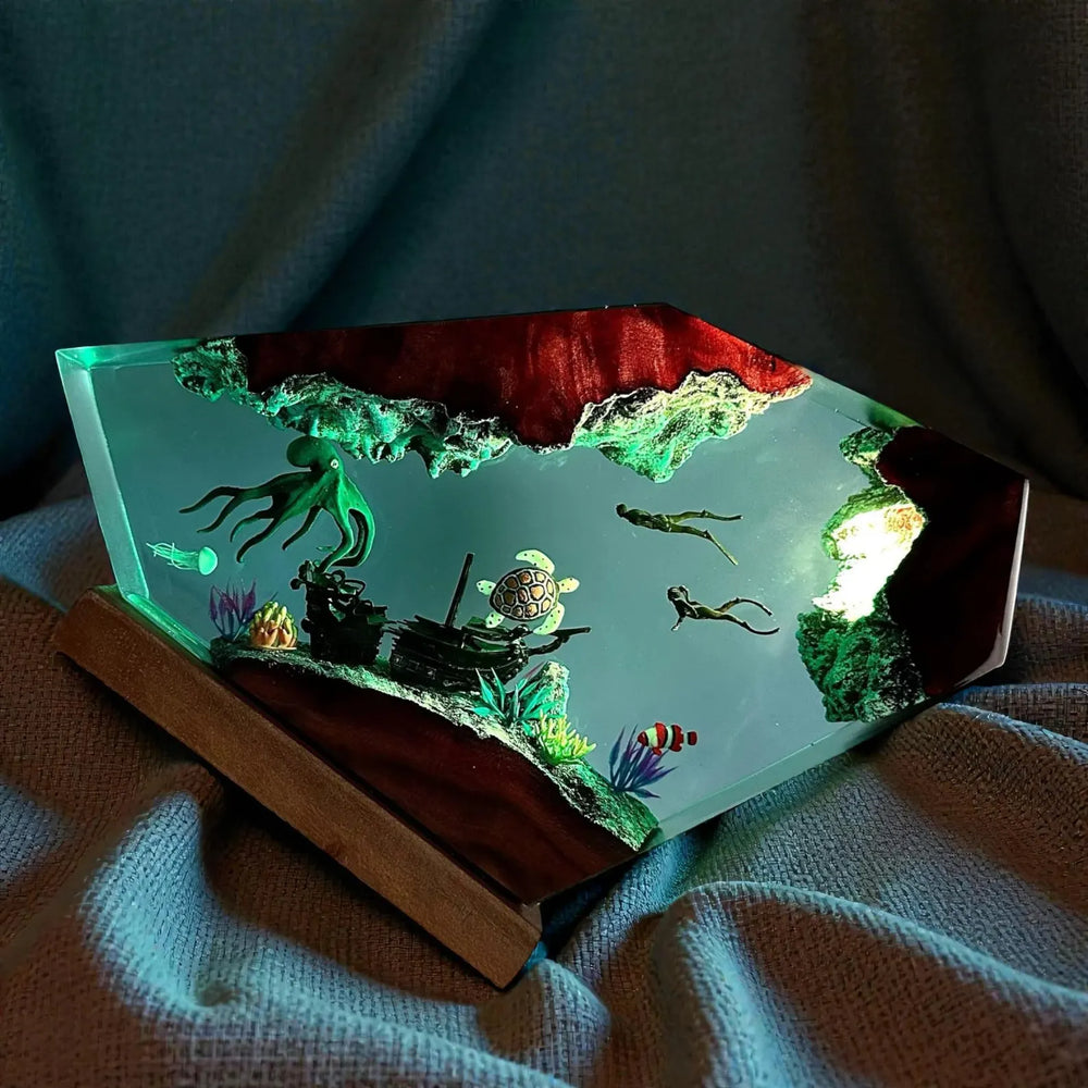Octopus and Divers Resin Night Light Epoxy Wood Lamp Unique Gift Home Decor