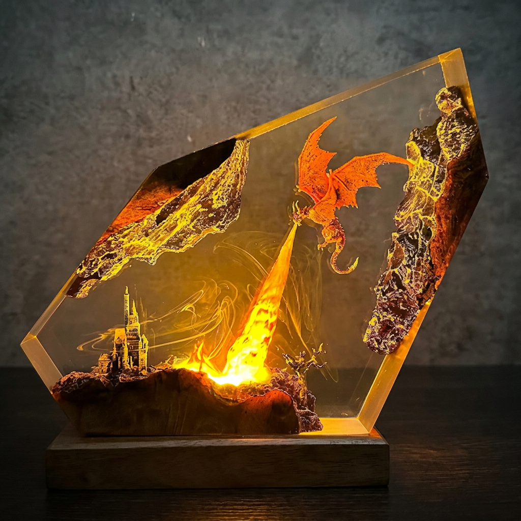 Fire Dragon Resin Night Light Epoxy Wood Lamp Unique Gift Home Decor