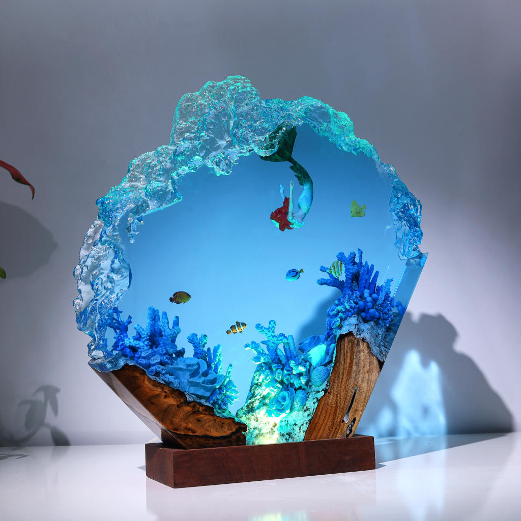 Mermaid in Coral Reef Night Light Resin Wood Lamp Unique Gift Home Decor