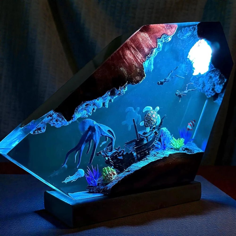 Octopus and Divers Resin Night Light Epoxy Wood Lamp Unique Gift Home Decor