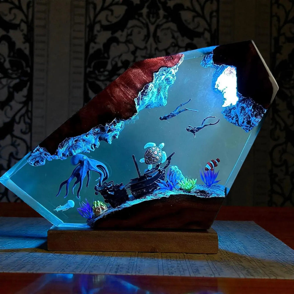 Octopus and Divers Resin Night Light Epoxy Wood Lamp Unique Gift Home Decor