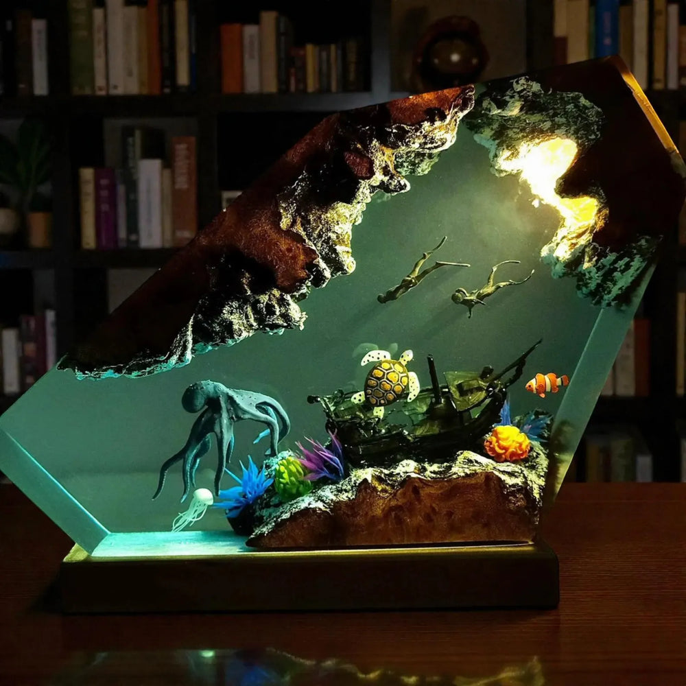 Octopus and Divers Resin Night Light Epoxy Wood Lamp Unique Gift Home Decor