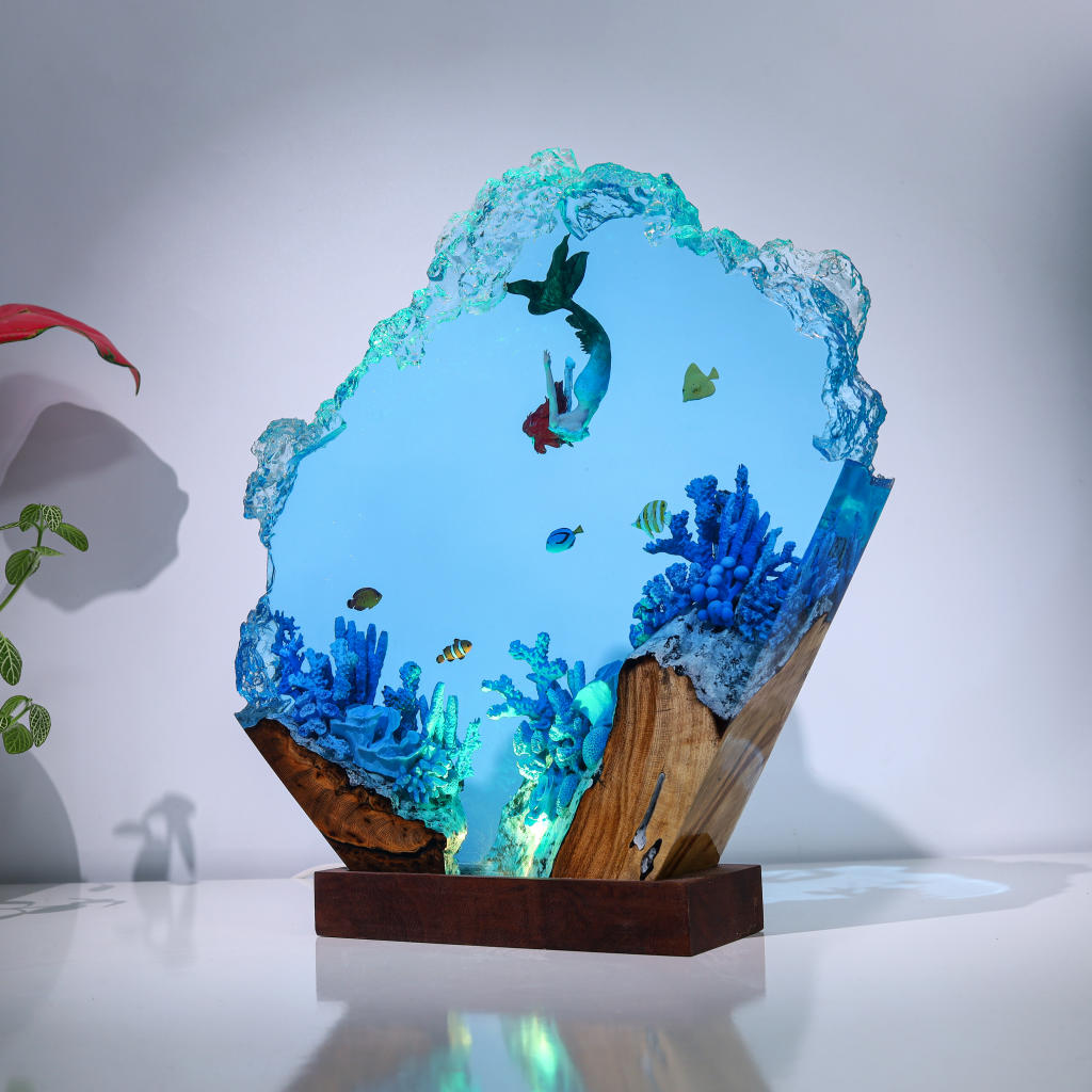 Mermaid in Coral Reef Night Light Resin Wood Lamp Unique Gift Home Decor