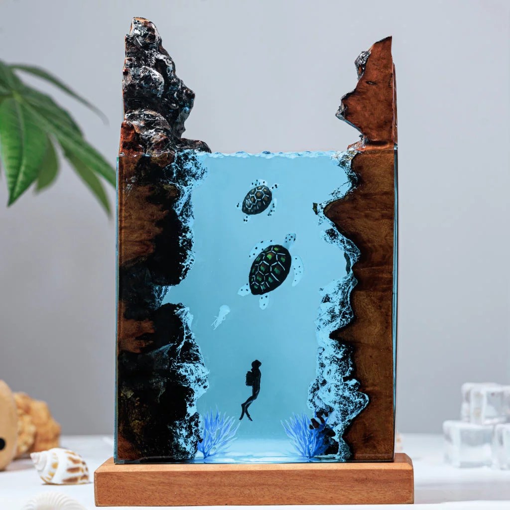 Sea Turtle Diver Night Light Resin Wood Lamp Unique Gift Home Decor