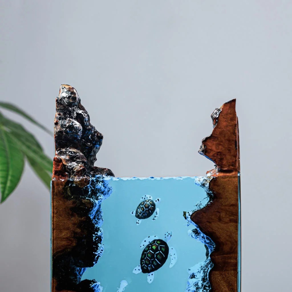 Sea Turtle Diver Night Light Resin Wood Lamp Unique Gift Home Decor