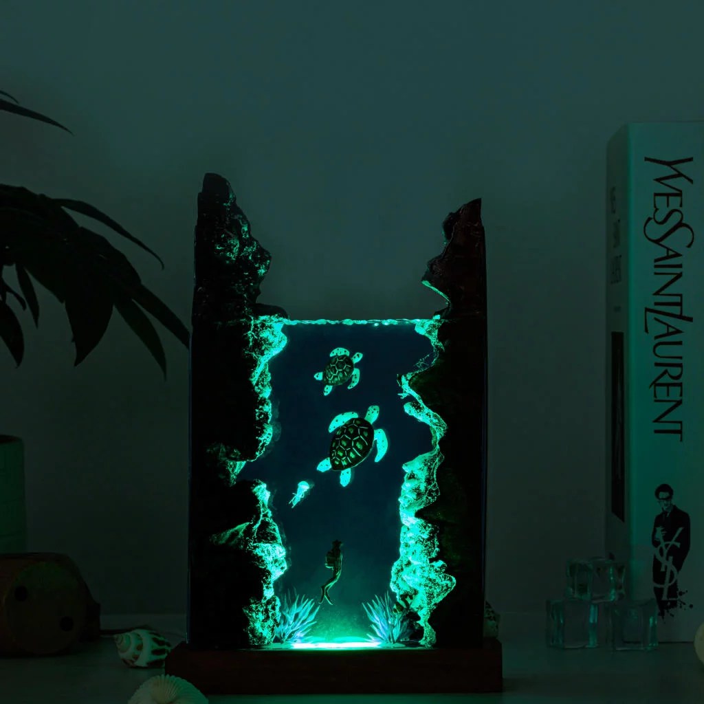 Sea Turtle Diver Night Light Resin Wood Lamp Unique Gift Home Decor