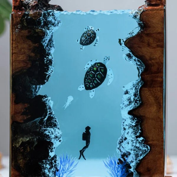 Sea Turtle Diver Night Light Resin Wood Lamp Unique Gift Home Decor