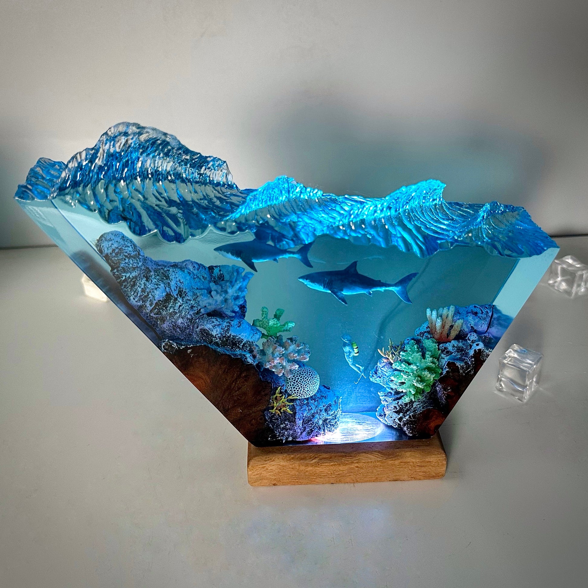 Great White Shark Resin Wood Lamp Unique Gift Home Decor