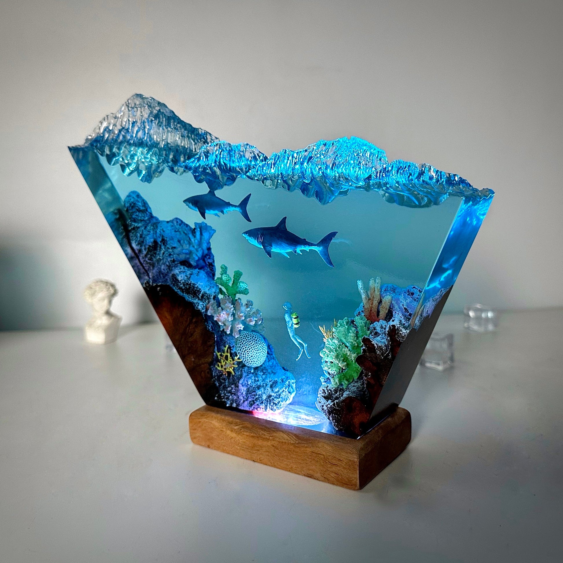 Great White Shark Resin Wood Lamp Unique Gift Home Decor
