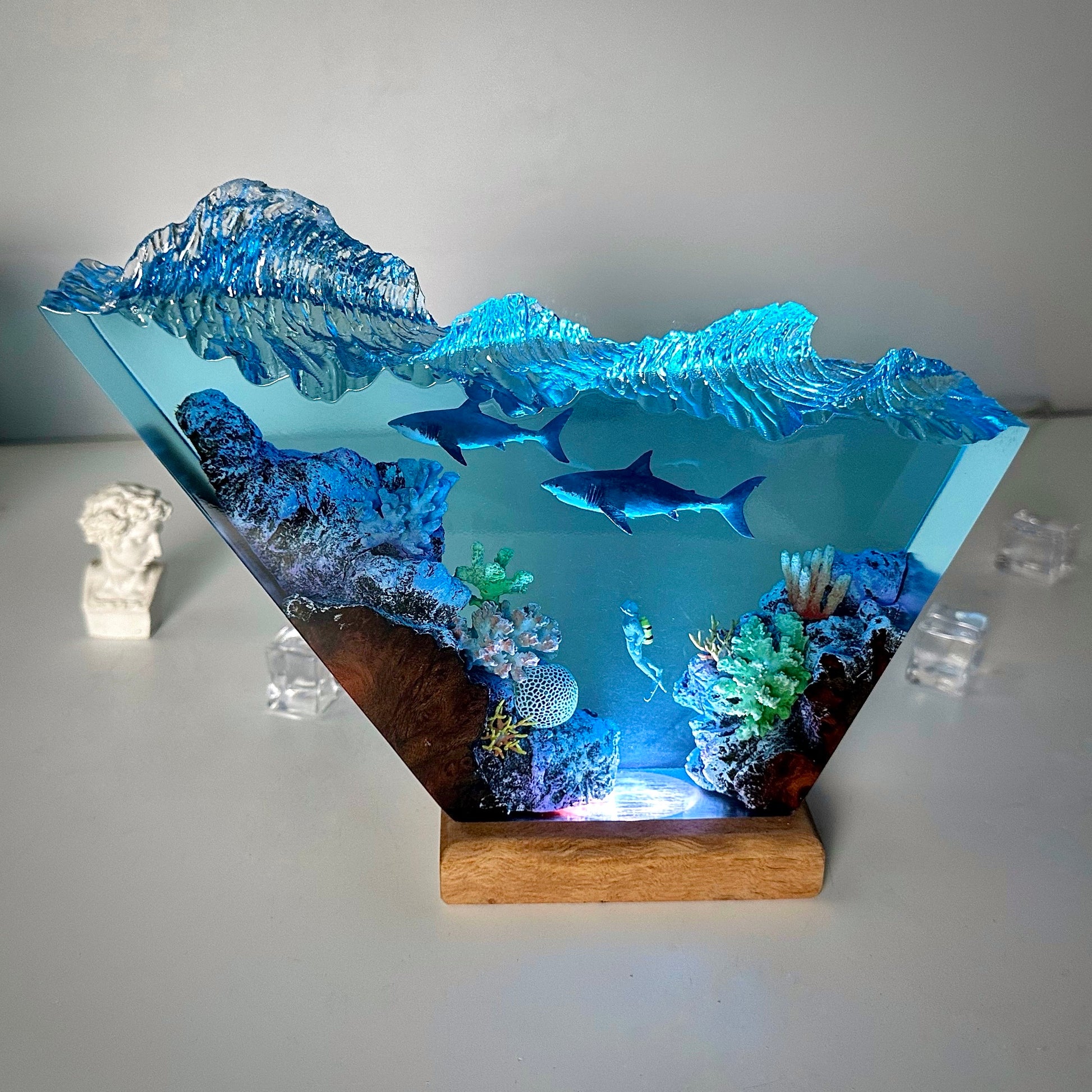 Great White Shark Resin Wood Lamp Unique Gift Home Decor