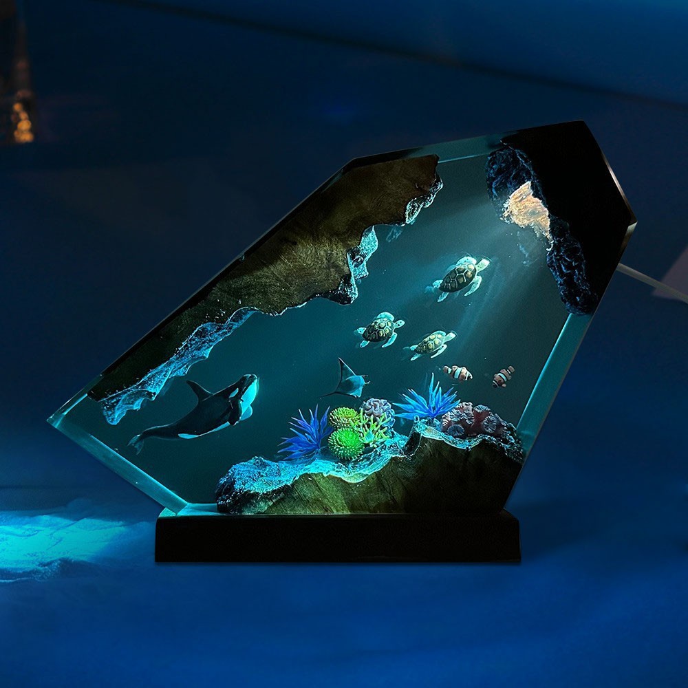 Deep Sea Wonders Resin and Wood Lamp Featuring Orcas and Turtles as a Unique Gift