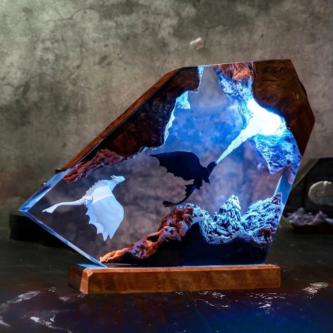 Flying Dragon Resin Wood Lamp Unique Gift Home Decor