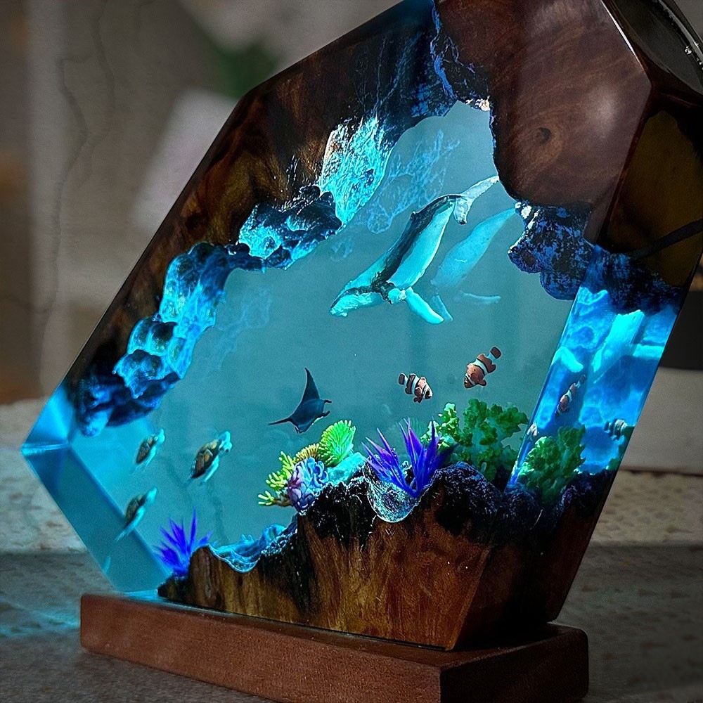 Giant Humpback Whale and Turtles Resin Wood Lamp Unique Gift Home Decor