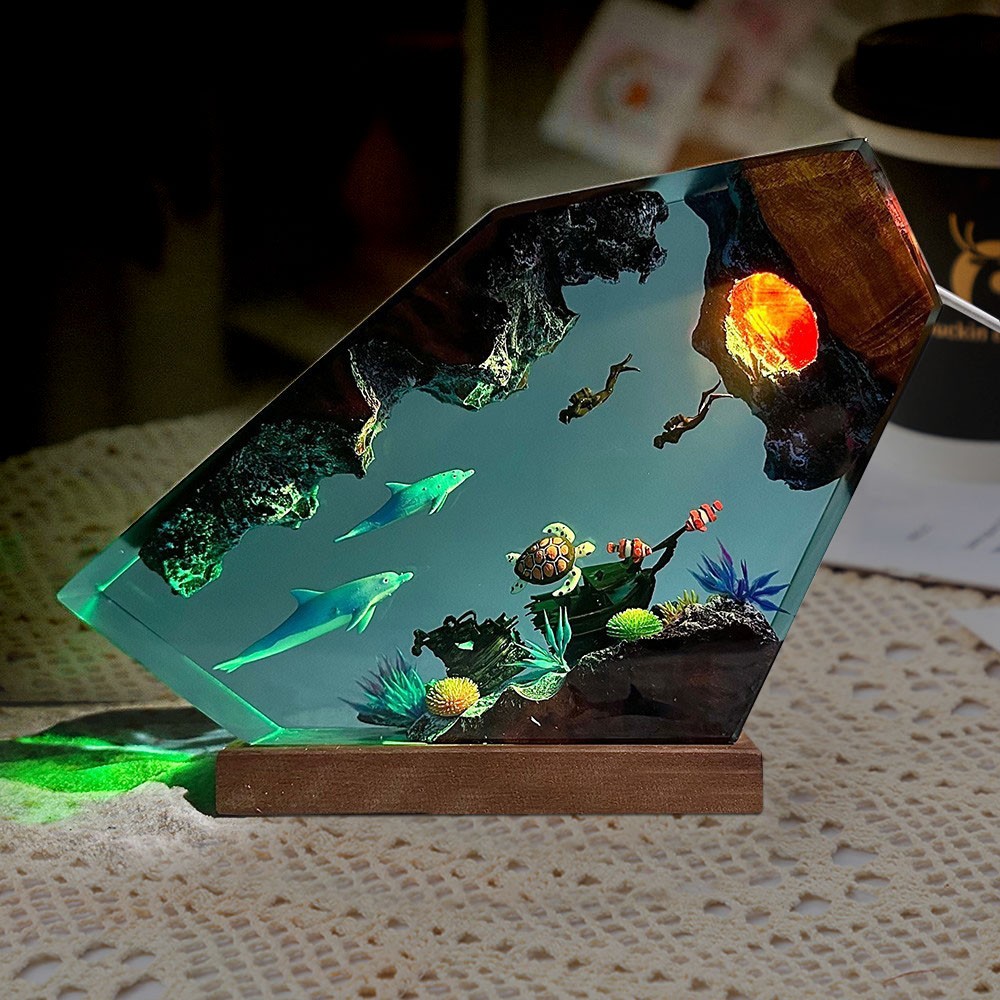 Dolphin and Turtle Couple Divers Resin Wood Lamp Unique Gift Home Decor
