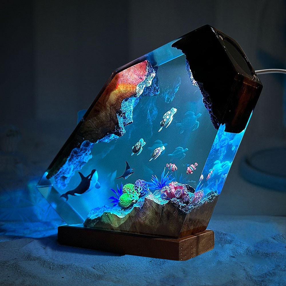 Deep Sea Wonders Resin and Wood Lamp Featuring Orcas and Turtles as a Unique Gift