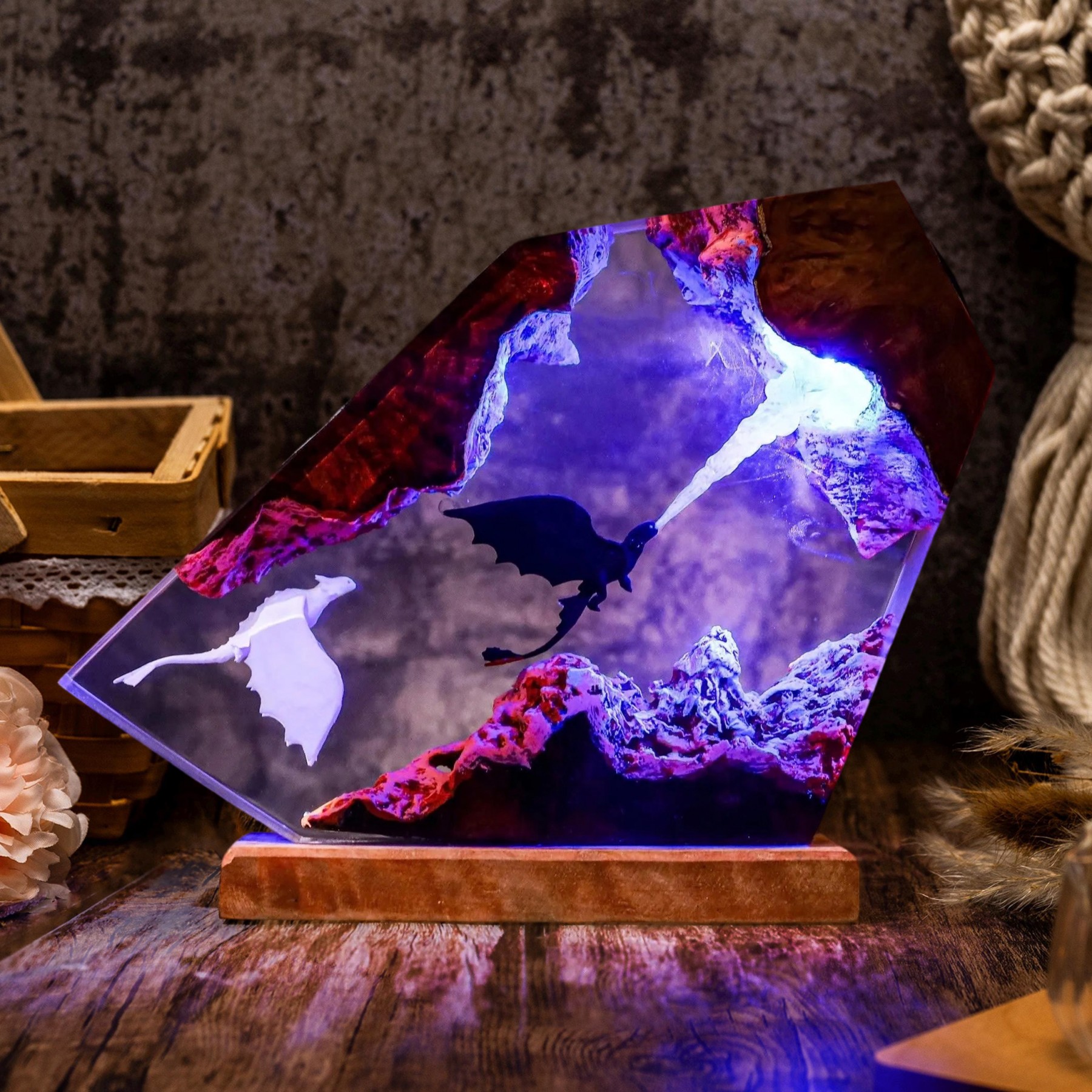 Flying Dragon Resin Wood Lamp Unique Gift Home Decor