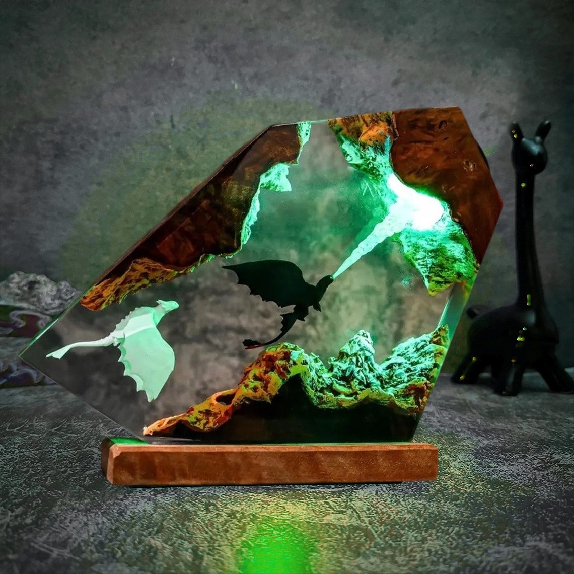 Flying Dragon Resin Wood Lamp Unique Gift Home Decor