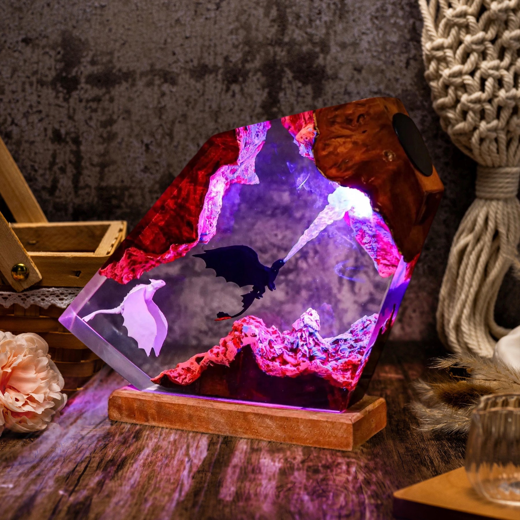 Flying Dragon Resin Wood Lamp Unique Gift Home Decor