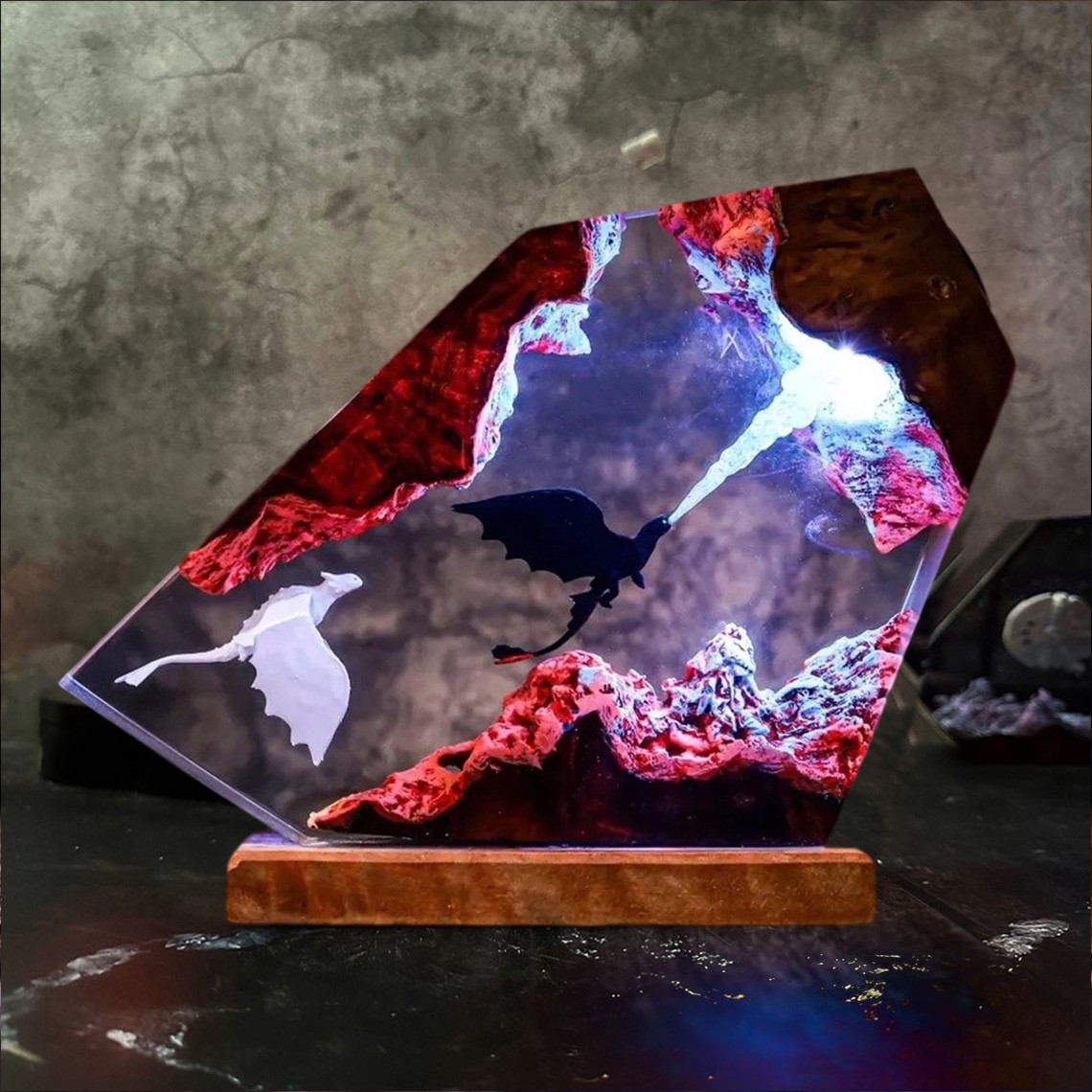 Flying Dragon Resin Wood Lamp Unique Gift Home Decor