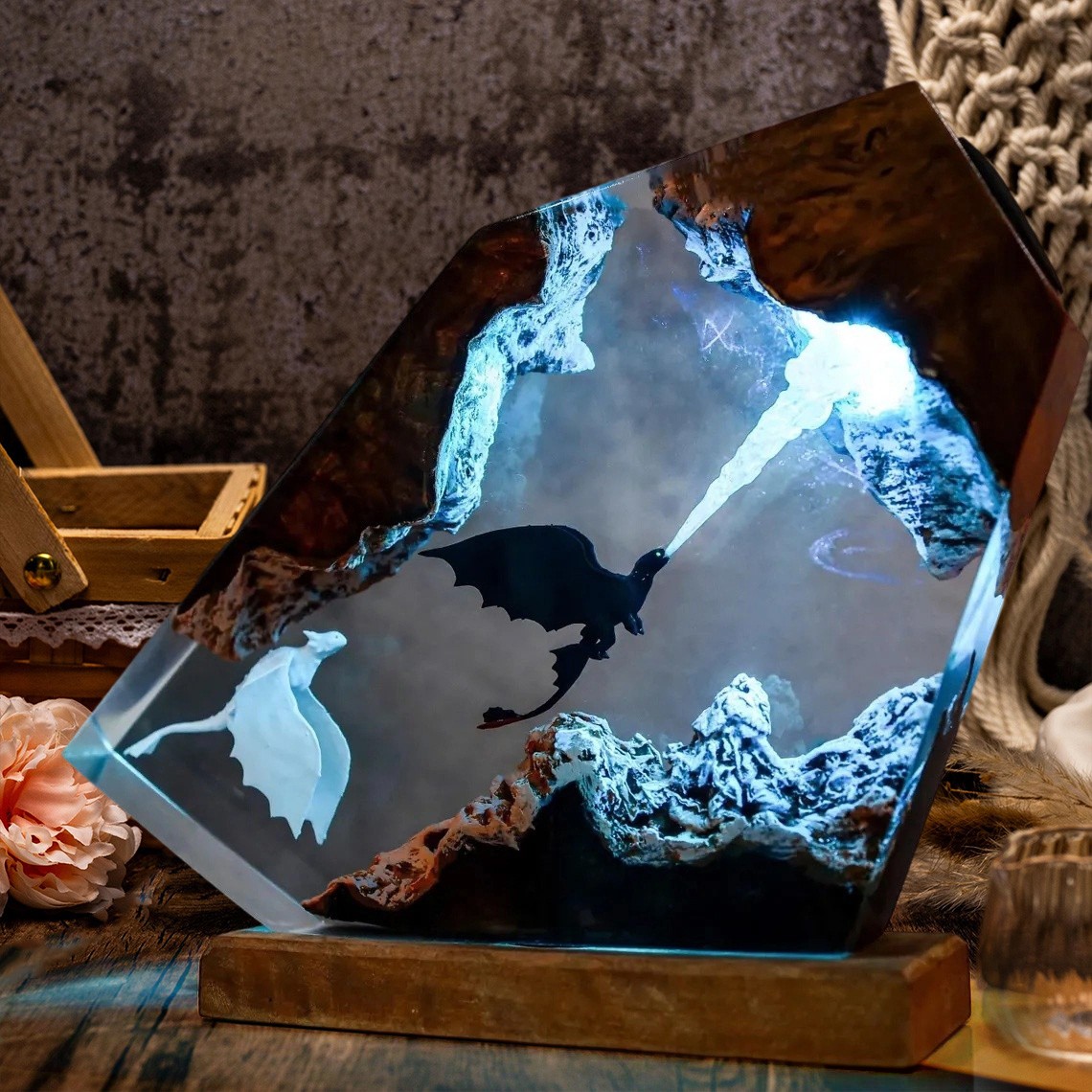 Flying Dragon Resin Wood Lamp Unique Gift Home Decor