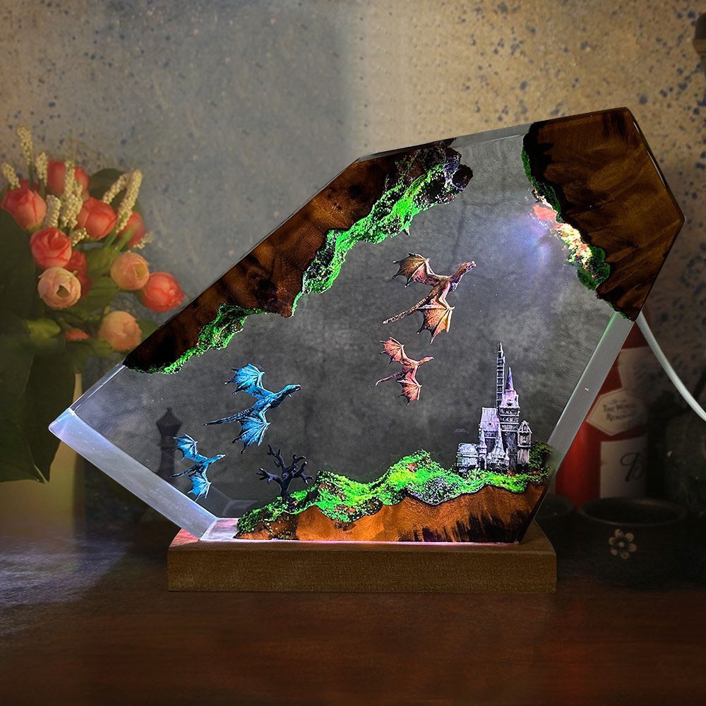 Flying Dragon Resin Wood Lamp Unique Gift Home Decor