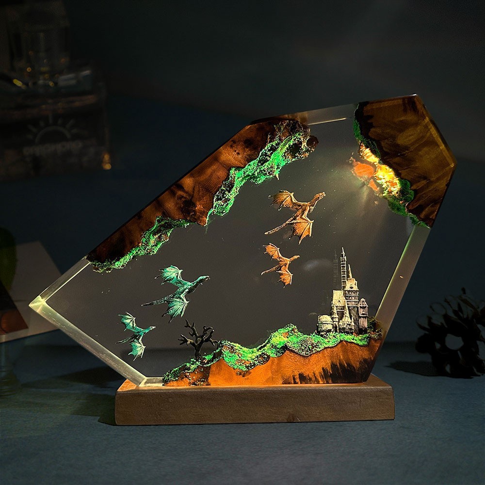 Flying Dragon Resin Wood Lamp Unique Gift Home Decor