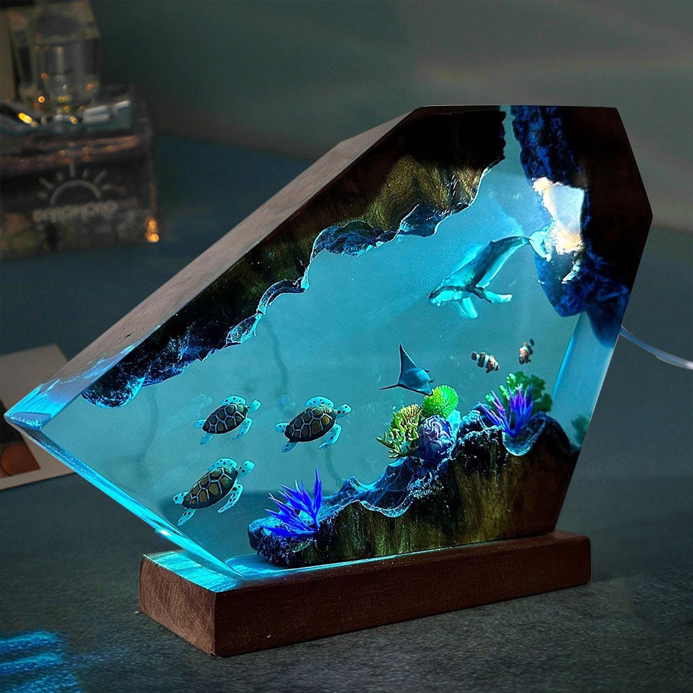 Giant Humpback Whale and Turtles Resin Wood Lamp Unique Gift Home Decor