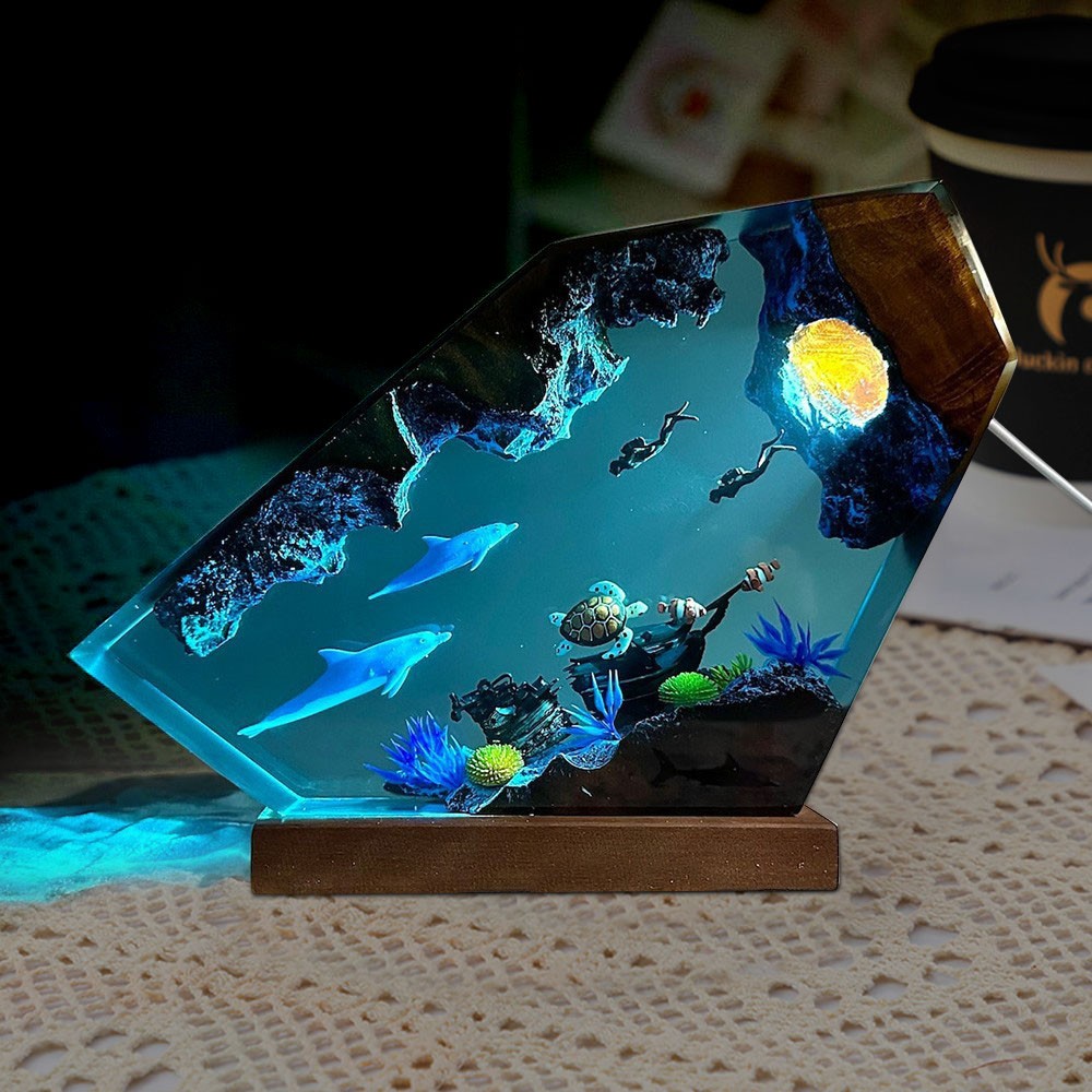 Dolphin and Turtle Couple Divers Resin Wood Lamp Unique Gift Home Decor