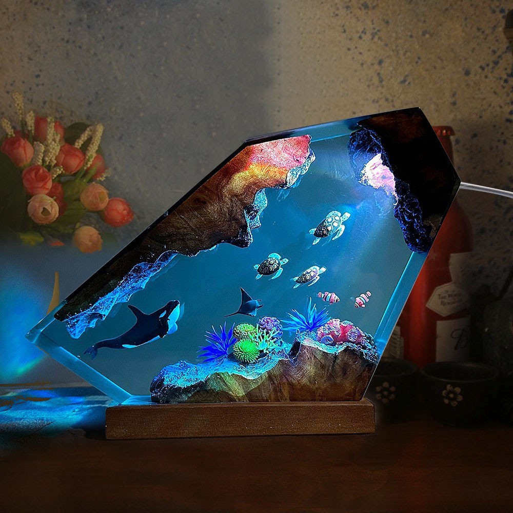 Deep Sea Wonders Resin and Wood Lamp Featuring Orcas and Turtles as a Unique Gift