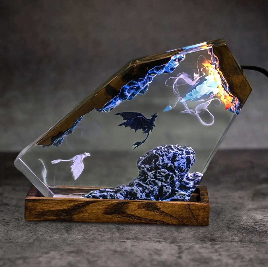 Flying Dragon Resin Wood Lamp Unique Gift Home Decor