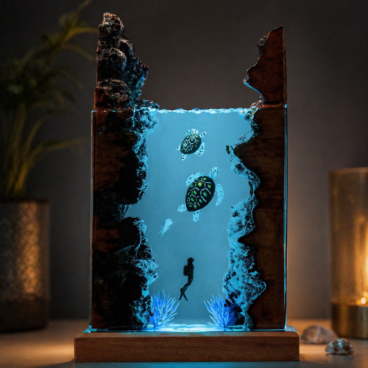 Sea Turtle Diver Night Light Resin Wood Lamp Unique Gift Home Decor