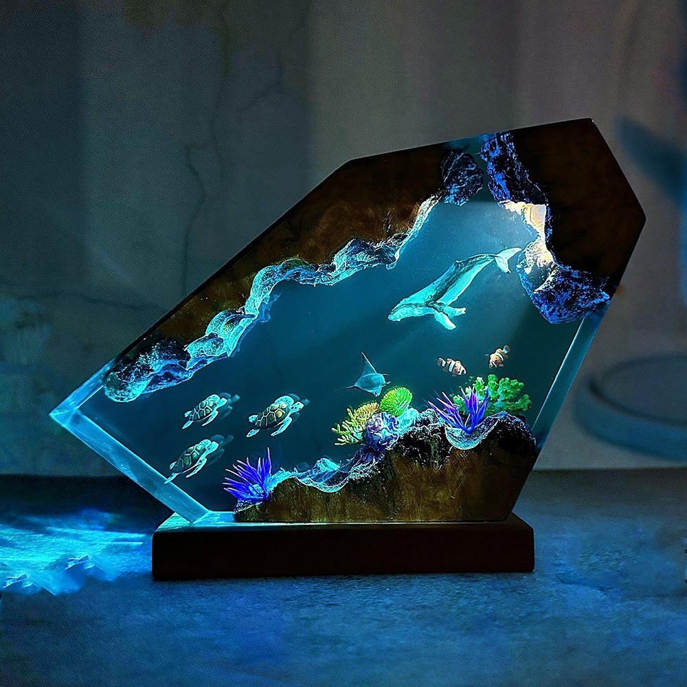 Giant Humpback Whale and Turtles Resin Wood Lamp Unique Gift Home Decor