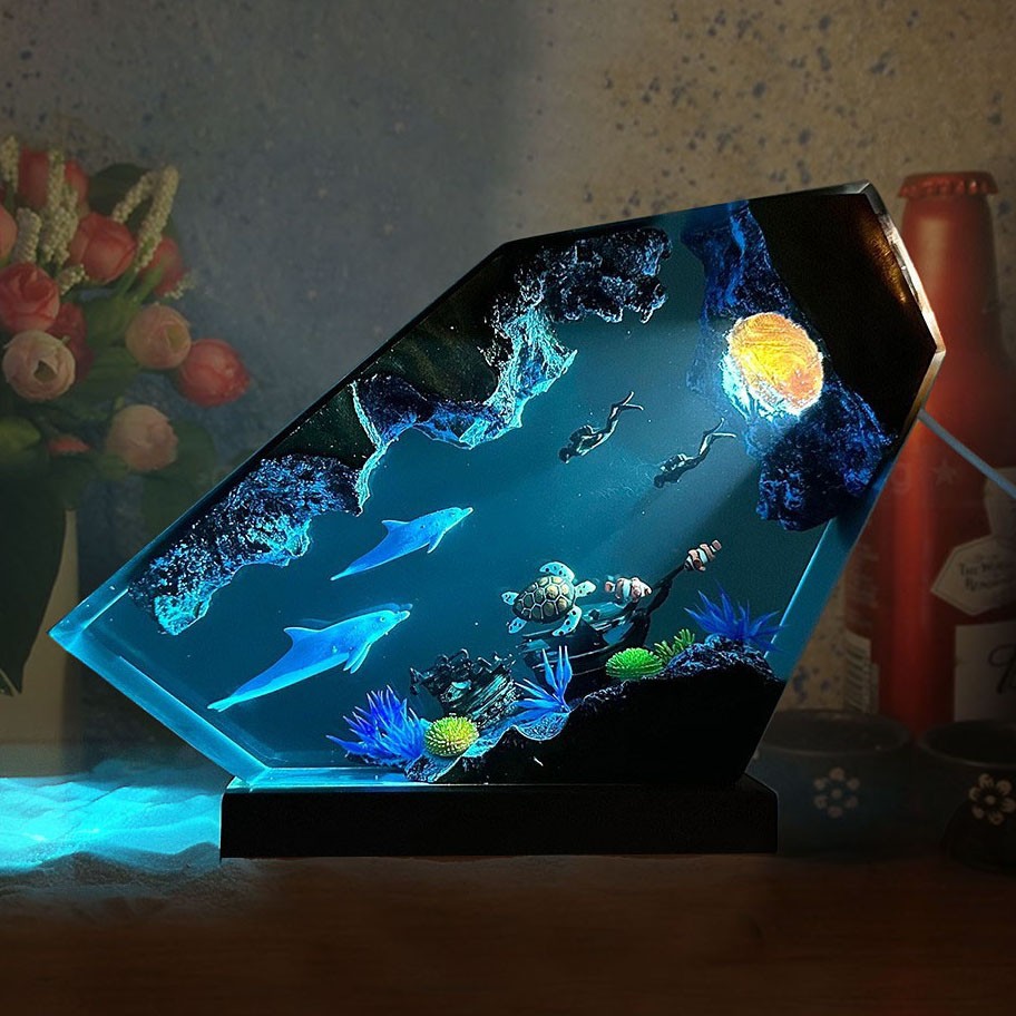 Dolphin and Turtle Couple Divers Resin Wood Lamp Unique Gift Home Decor