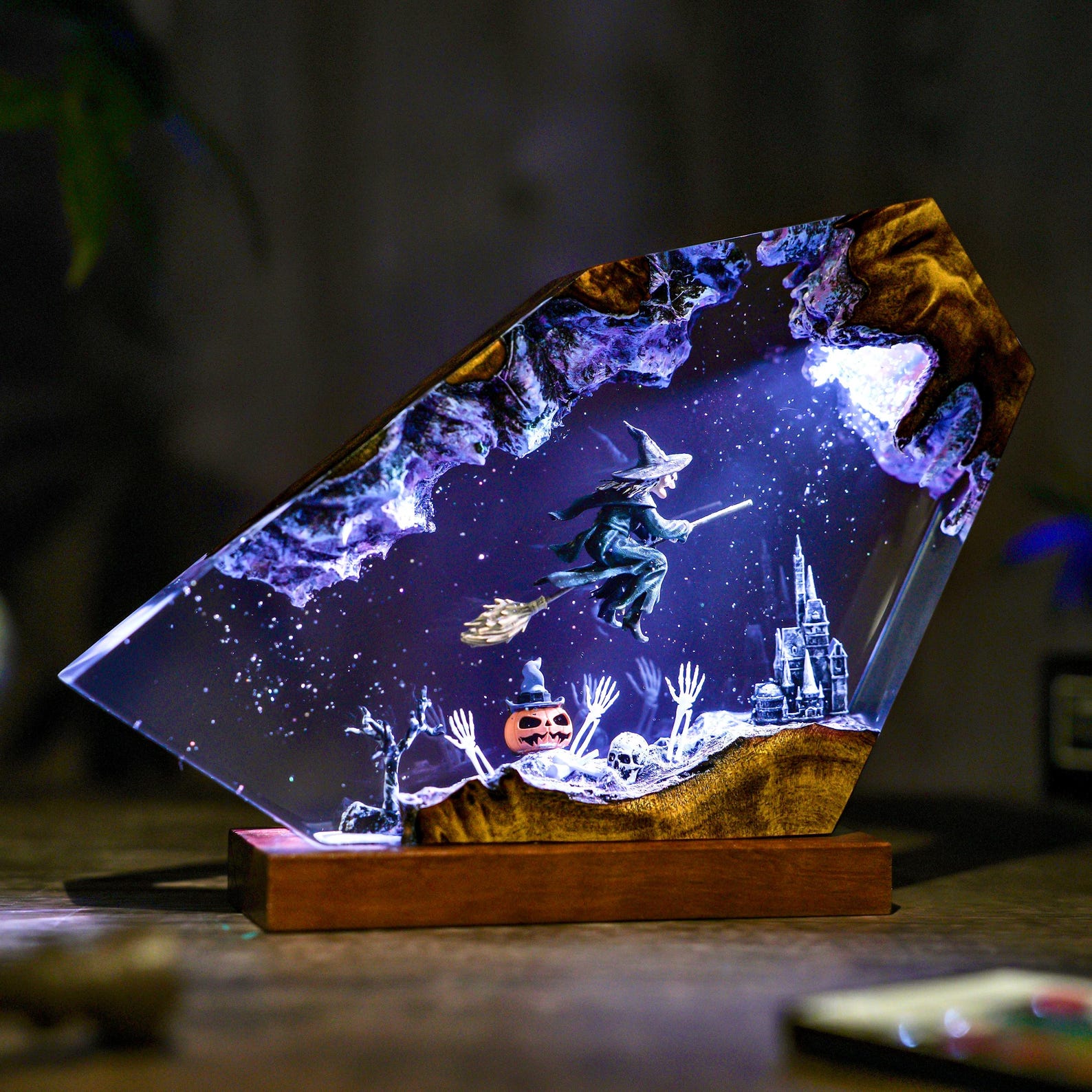 Flying Witch Resin Lamp, Halloween Night Light, Dark Fantasy Decor, Gothic Witch Figure Display, Spooky Gift for Halloween Lovers
