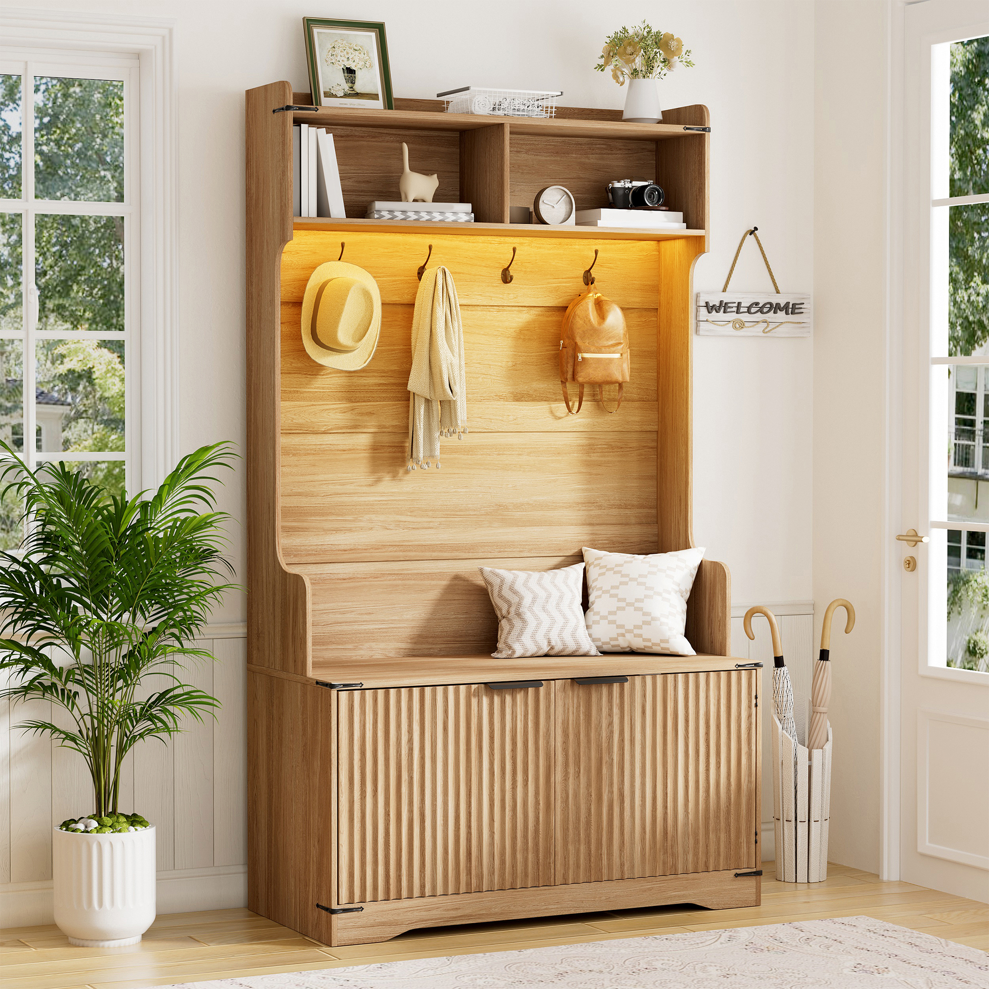 Conate 5-in-1 Entryway Hall Tree with Shoe Storage Bench & LED Lights, Oak